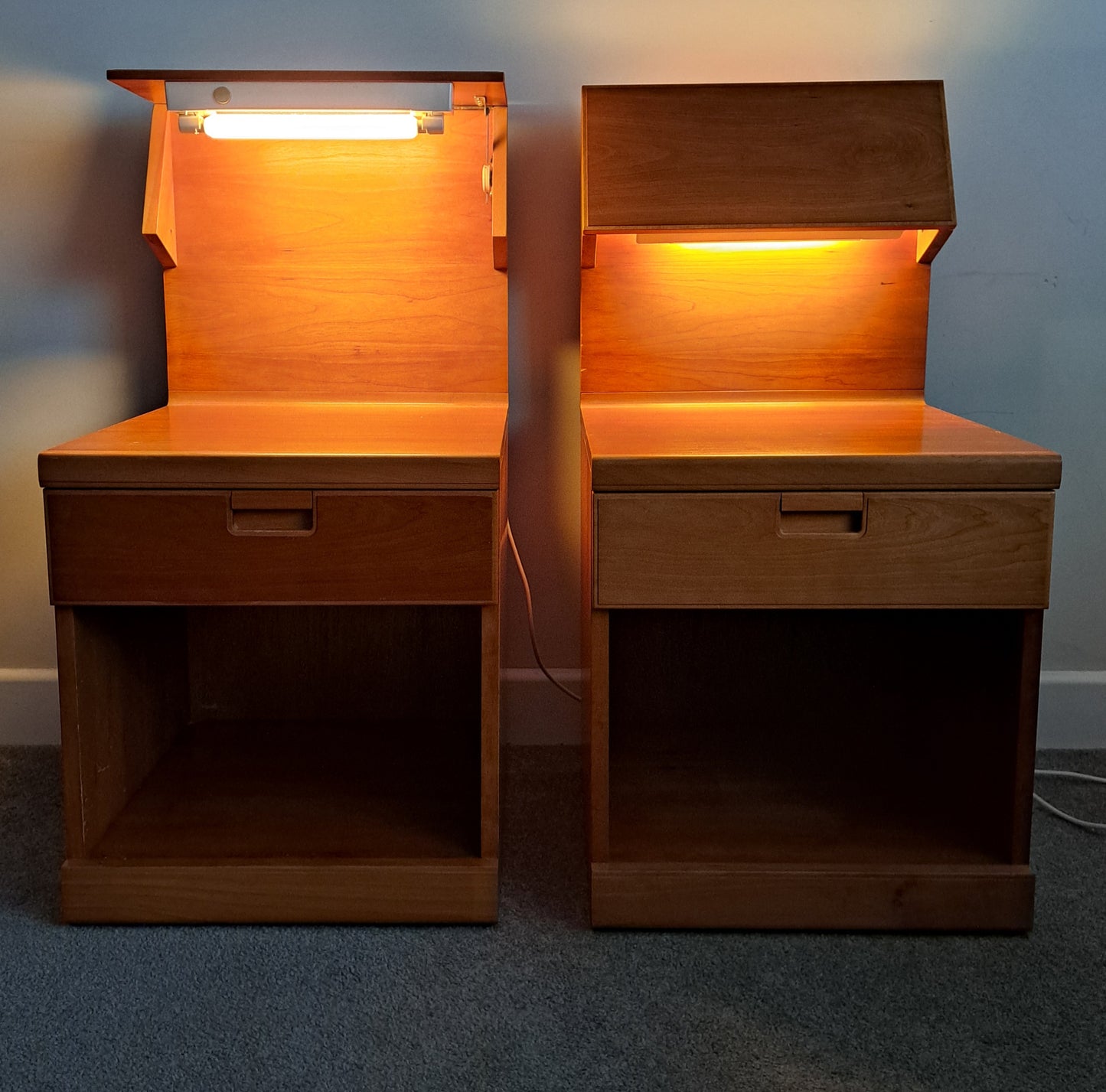 PAIR of Elm and Beech Bedside Cabinets with Integral Lights by White & Newton 1960s