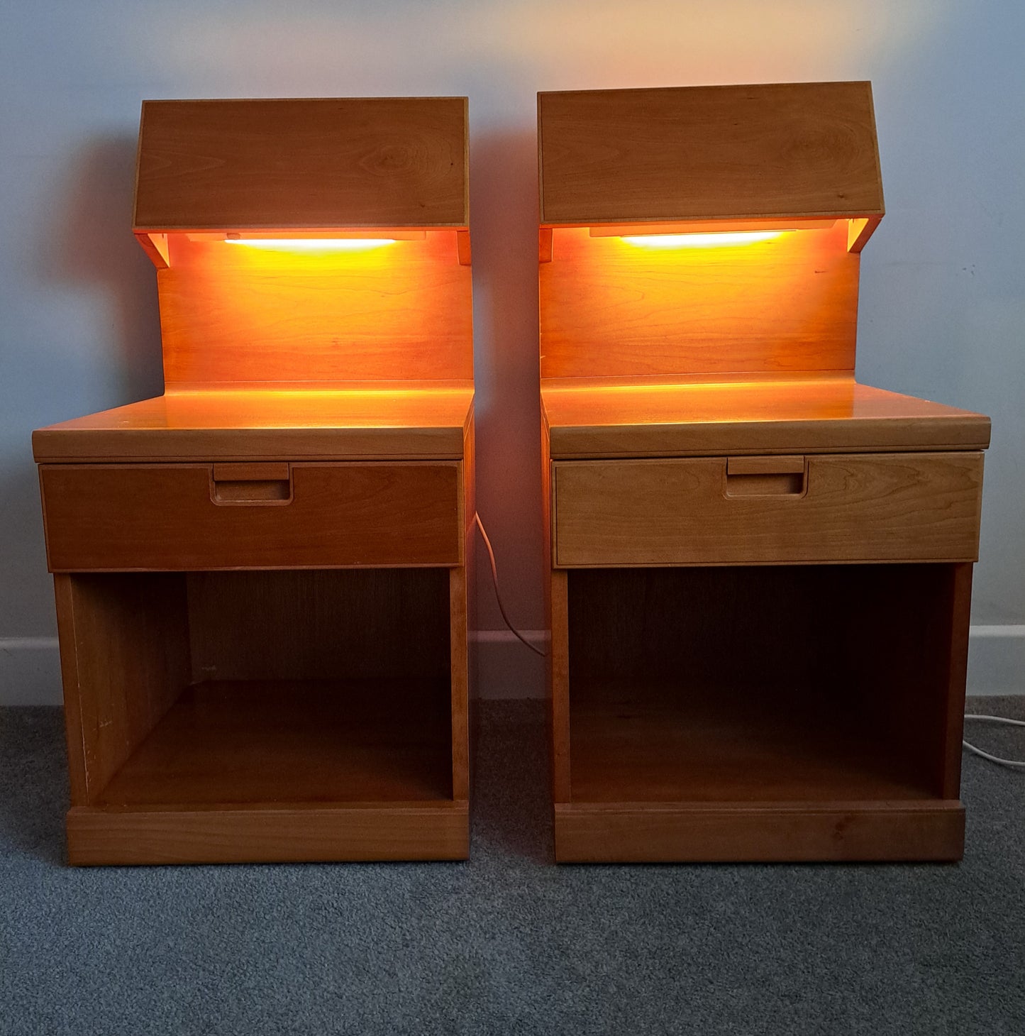 PAIR of Elm and Beech Bedside Cabinets with Integral Lights by White & Newton 1960s