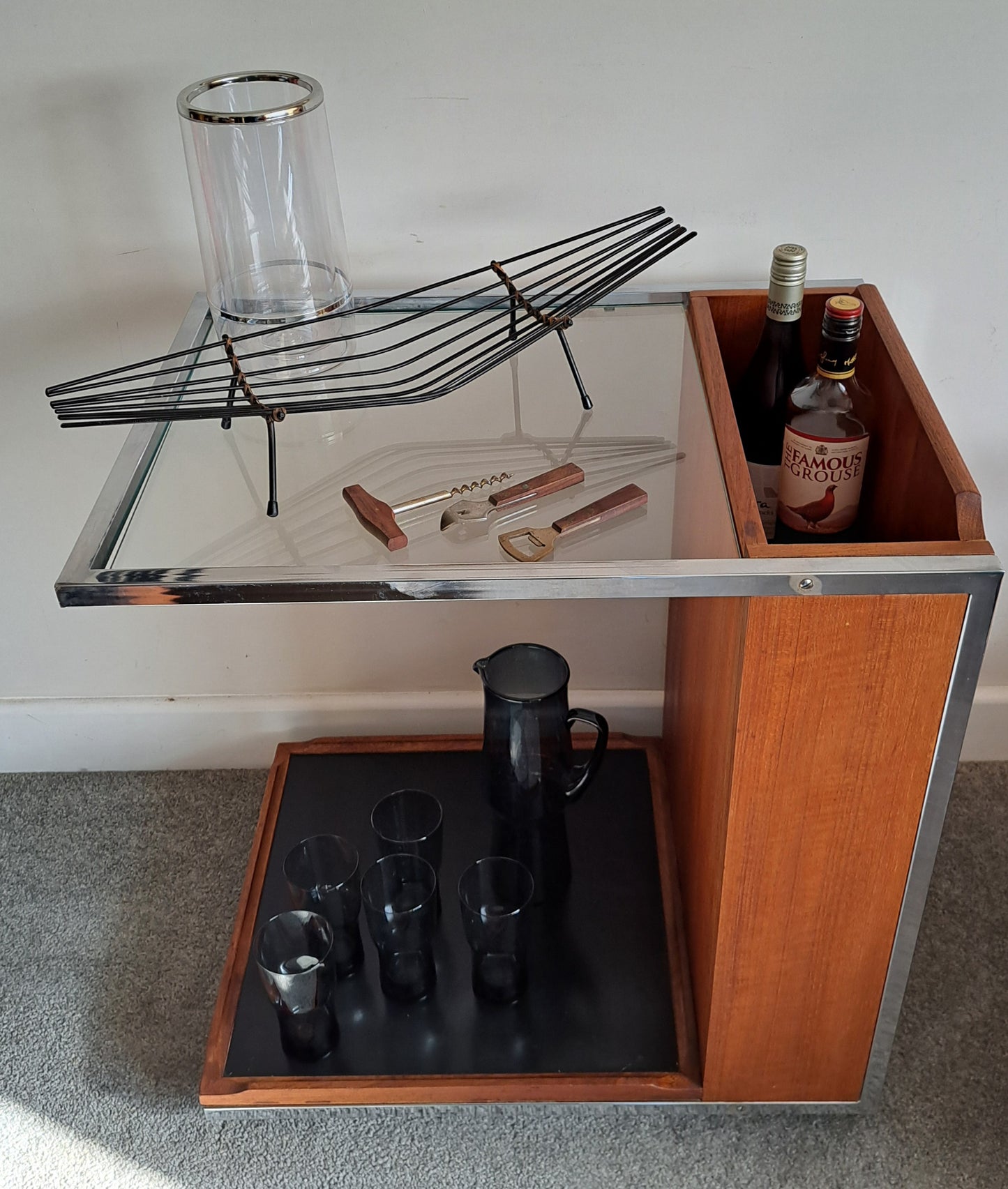 MCM Teak and Chrome Bar Cart by TW Toothill 1970s
