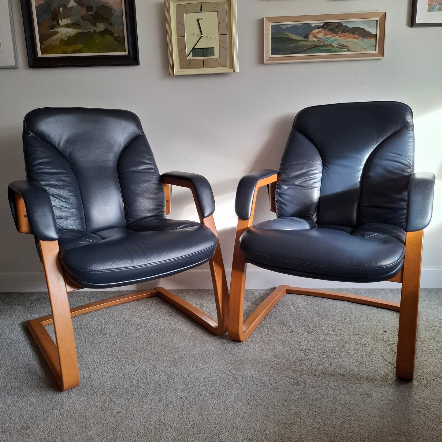 PAIR of Blue Leather Easy Chairs by Verco 1990s