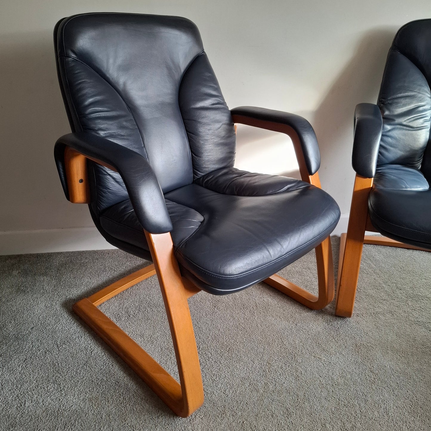 PAIR of Blue Leather Easy Chairs by Verco 1990s