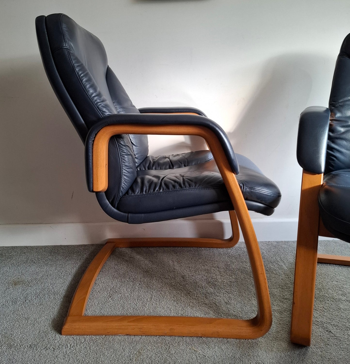PAIR of Blue Leather Easy Chairs by Verco 1990s