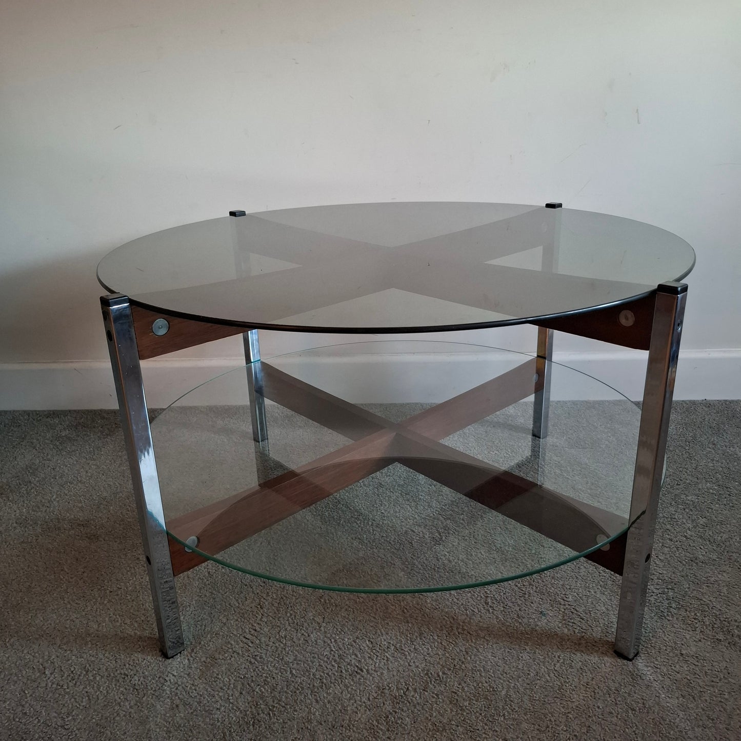 Mid-Century Teak and Chrome Glass Coffee Table