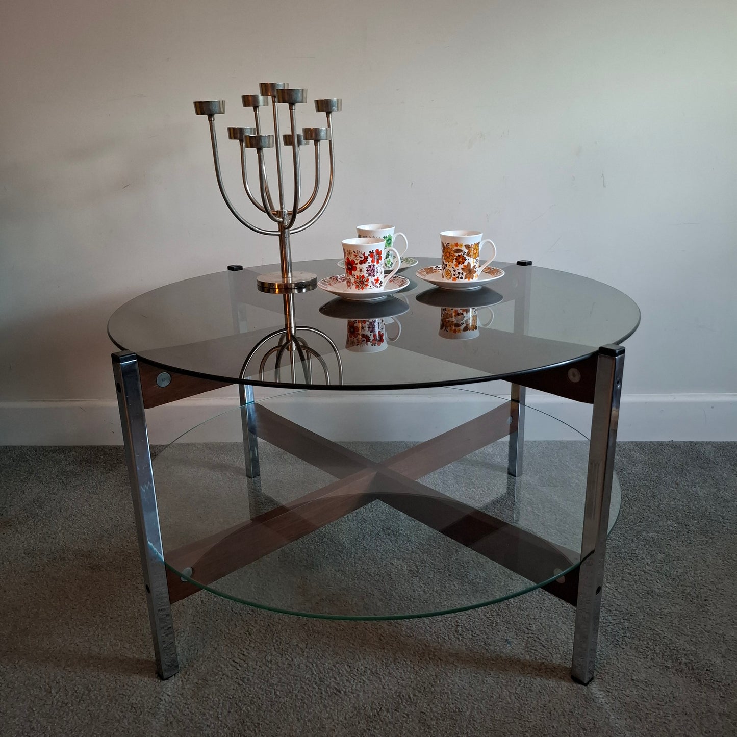 Mid-Century Teak and Chrome Glass Coffee Table
