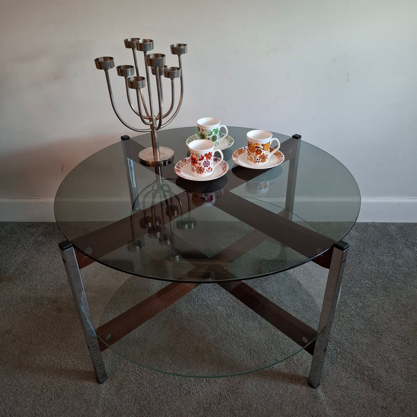 Mid-Century Teak and Chrome Glass Coffee Table