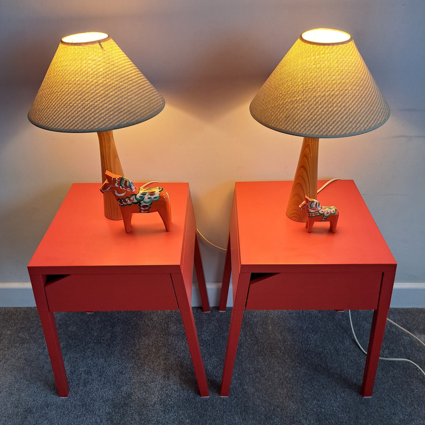 PAIR of red metal bedside tables by IKEA