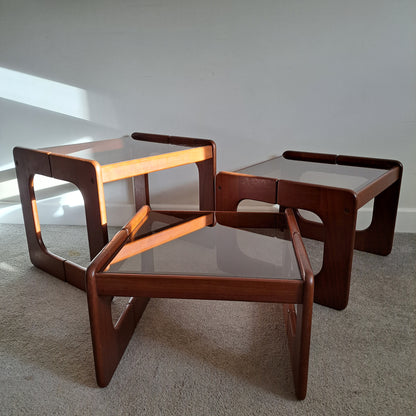 Mid-Century Solid Teak and Smoked Glass Nest of Tables - Danish