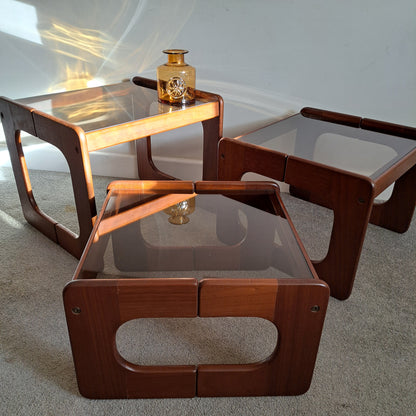 Mid-Century Solid Teak and Smoked Glass Nest of Tables - Danish