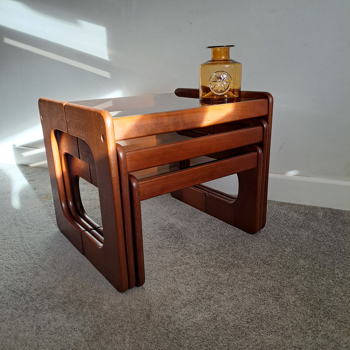 Mid-Century Solid Teak and Smoked Glass Nest of Tables - Danish