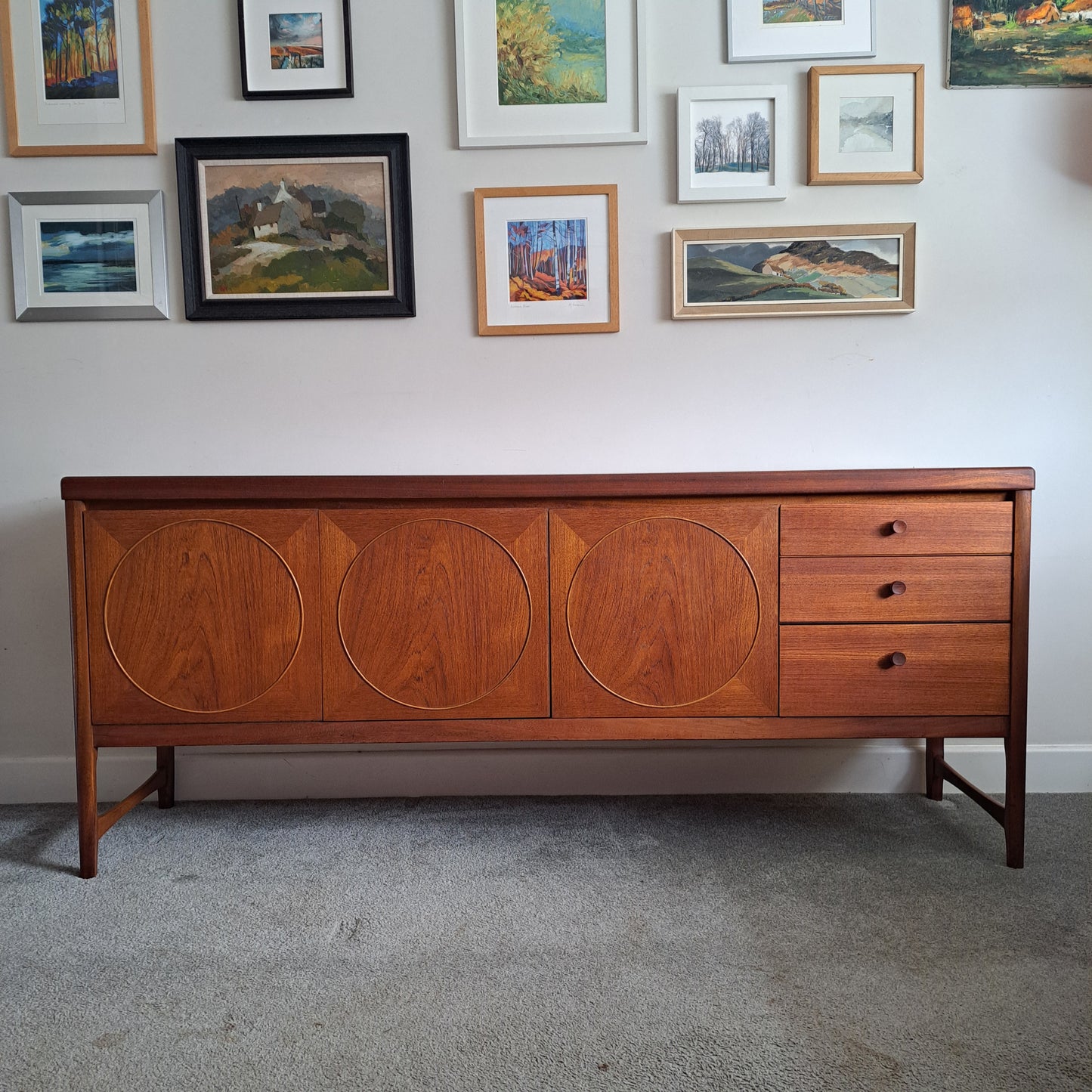 Mid-Century Teak Veneer Sideboard 'Circles' by Nathan Furniture 1960s